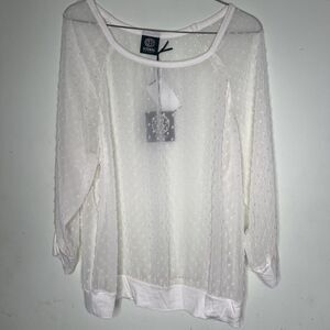 Bobeau Blouse Women Raised Polka Dot  Medium  Ivory Sheer Long Sleeve Crew Neck